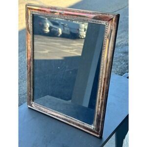 Vintage Silver Tone Picture Frame 11x9 Ornate Beaded Edge Wood Back Tabletop